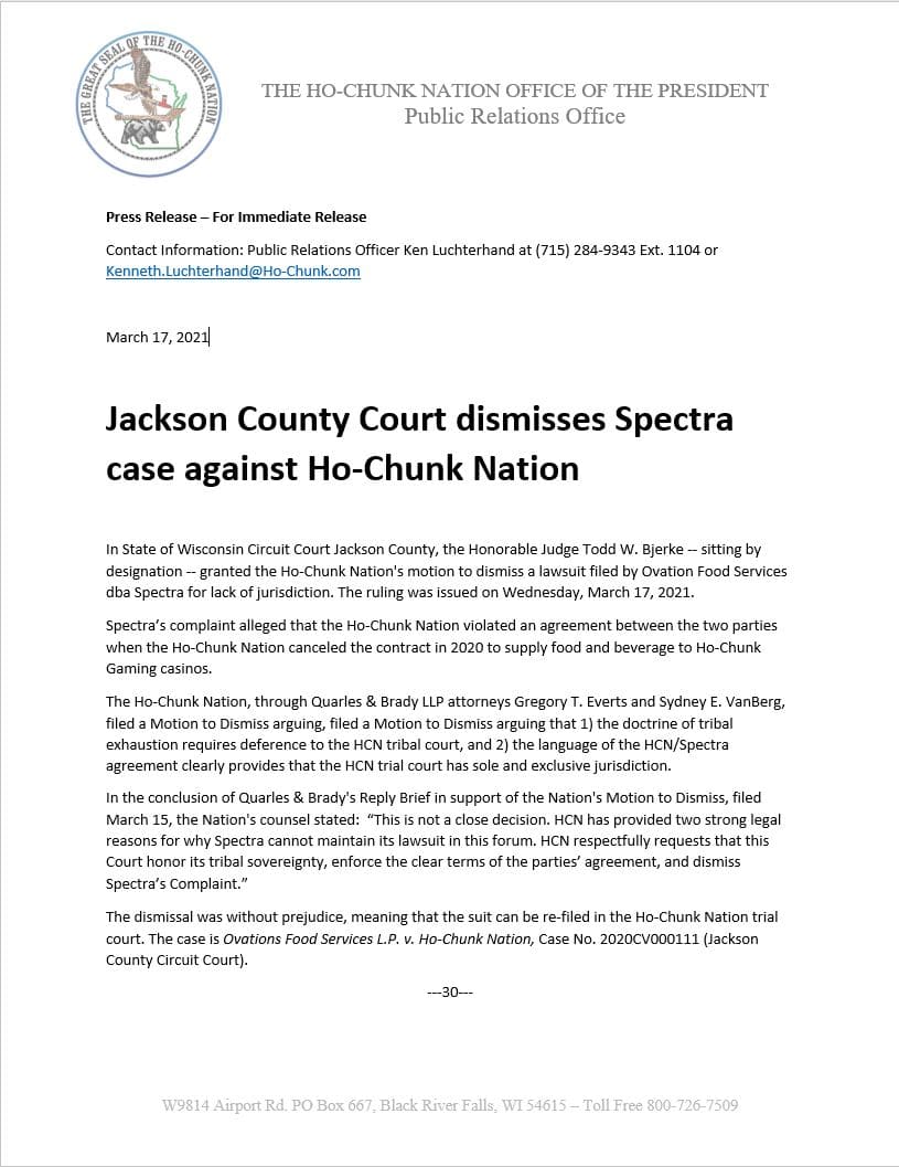 Jackson County Court Dismisses Spectra Case Against Ho Chunk Nation Ho Chunk Nation