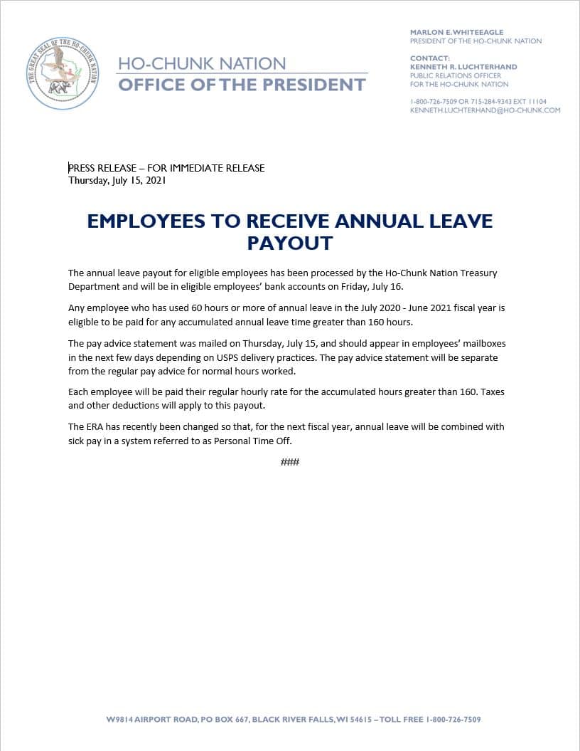 employees-to-receive-annual-leave-payout-ho-chunk-nation