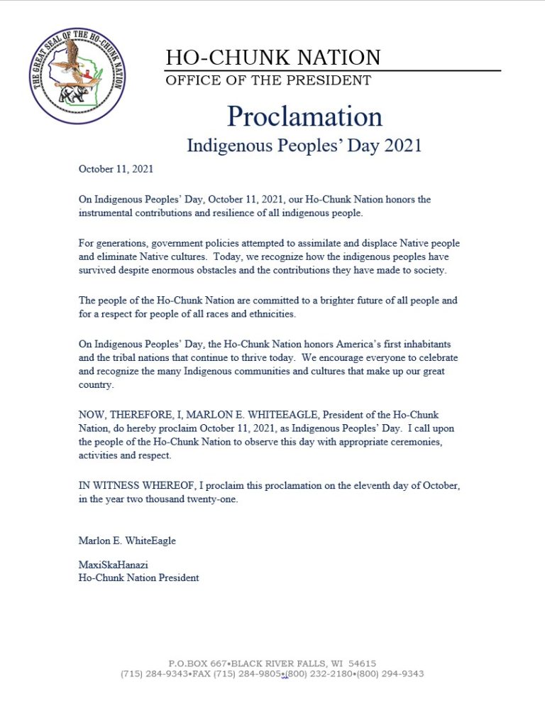 President WhiteEagle issues Indigenous Peoples' Day Proclamation Ho