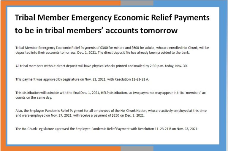 Tribal Member Emergency Economic Relief Payments to be in tribal